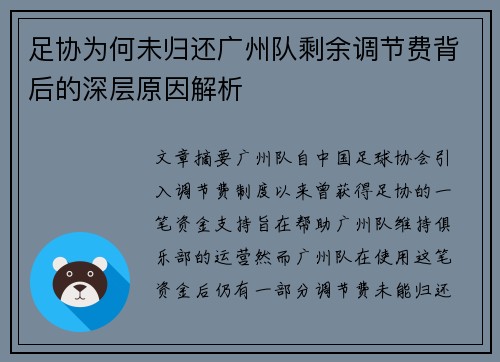 足协为何未归还广州队剩余调节费背后的深层原因解析 足协为何未归还广州队剩余调节费背后的深层原因解析